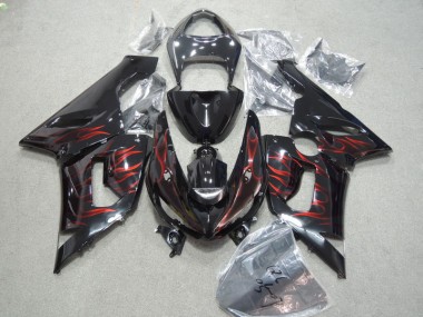 Best 2005-2006 Black Red Flame Kawasaki ZX6R Bike Fairing Kit UK